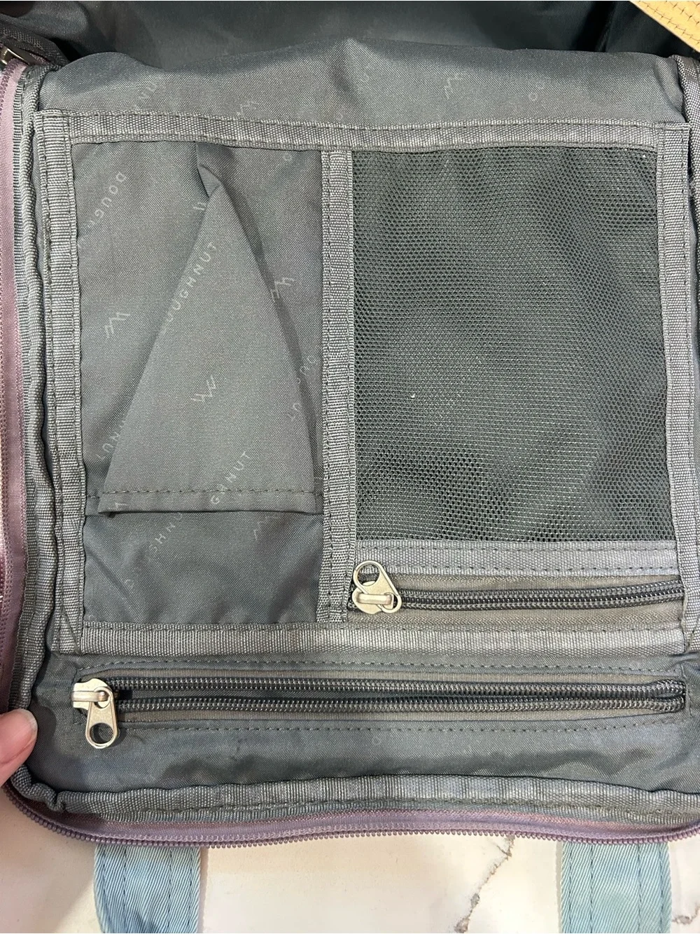 Doughnut Macaroon Blue & Lavender Canvas Backpack with Tan Accents - Women